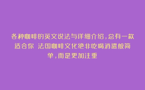 各种咖啡的英文说法与详细介绍，总有一款适合你！（法国咖啡文化绝非吃喝消遣般简单,而是更加注重）