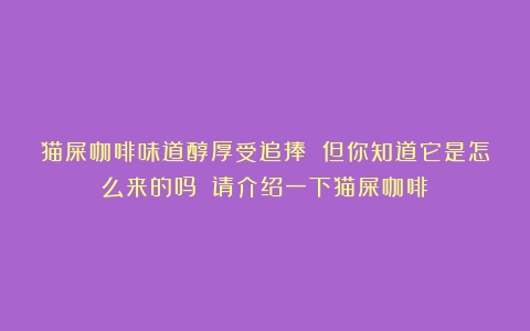 猫屎咖啡味道醇厚受追捧 但你知道它是怎么来的吗？（请介绍一下猫屎咖啡）