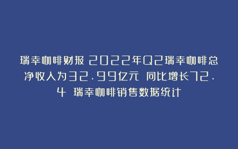 瑞幸咖啡财报：2022年Q2瑞幸咖啡总净收入为32.99亿元 同比增长72.4%（瑞幸咖啡销售数据统计）