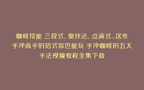 咖啡技能｜三段式、搅拌法、点滴式，这些手冲高手的招式你也能玩（手冲咖啡的五大手法视频教程全集下载）