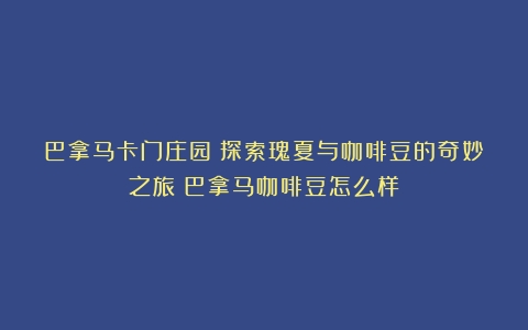 巴拿马卡门庄园：探索瑰夏与咖啡豆的奇妙之旅（巴拿马咖啡豆怎么样）