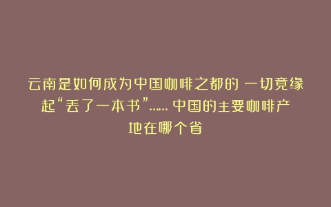 云南是如何成为中国咖啡之都的？一切竟缘起“丢了一本书”……（中国的主要咖啡产地在哪个省）