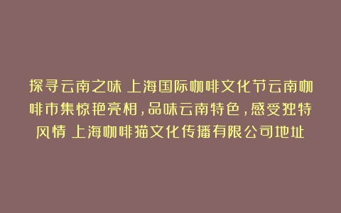 探寻云南之味：上海国际咖啡文化节云南咖啡市集惊艳亮相，品味云南特色，感受独特风情（上海咖啡猫文化传播有限公司地址）