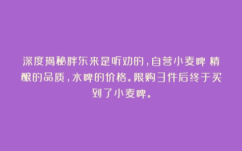 深度揭秘胖东来是听劝的，自营小麦啤！精酿的品质，水啤的价格。限购3件后终于买到了小麦啤。